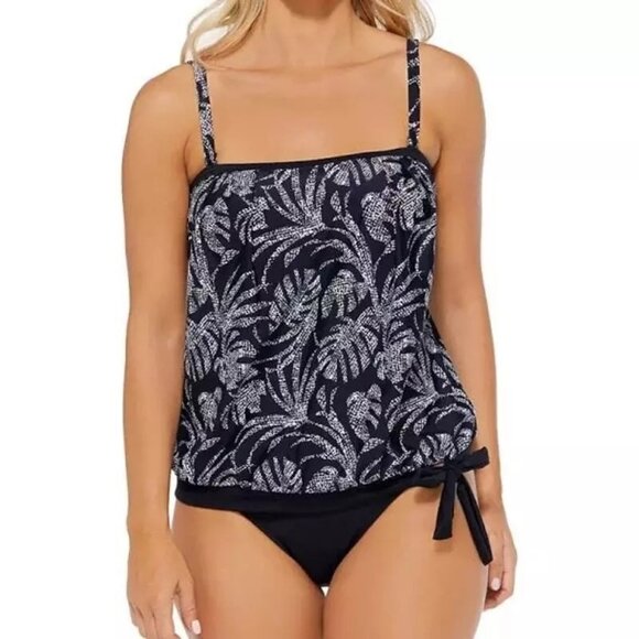 Island Escape Black White Tankini Swim Top Waist Minimizer Adjustable Straps 10 - Picture 1 of 7